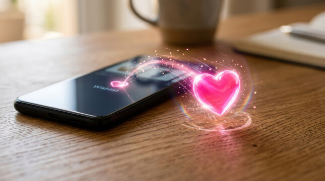 Smartphone with glowing heart symbol on wooden table showing e commerce retail innovation concept for online shopping and digital love