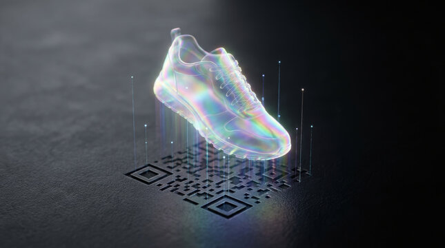 Holographic sneaker above QR code represents e commerce and retail innovation in digital shopping and futuristic product display technology