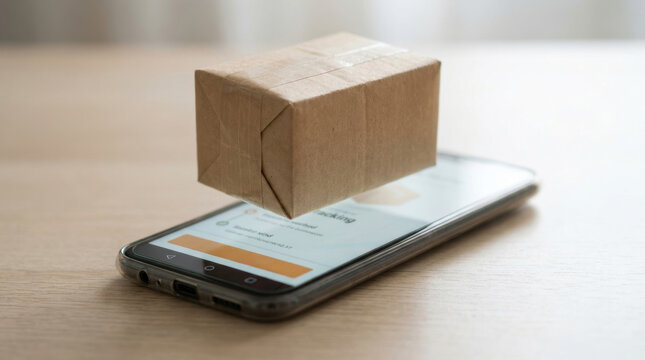 E commerce retail innovation concept with small parcel on smartphone screen showing online shopping app for convenient delivery service