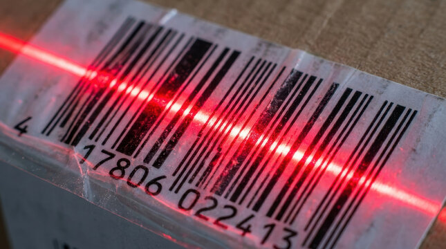Barcode scanning with red laser on cardboard box label for e commerce retail innovation in product tracking and inventory management
