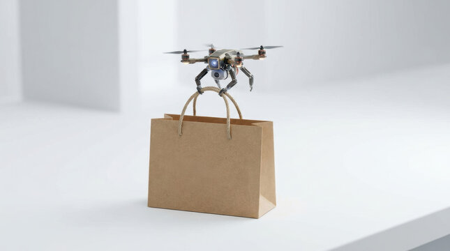 Drone carrying paper bag shows e commerce innovation in retail delivery with futuristic technology enhancing shopping experience and convenience