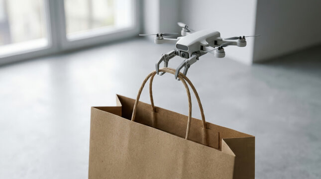 Drone shopping bag delivery technology innovation e commerce retail automation modern futuristic parcel transport gadget wireless aerial device