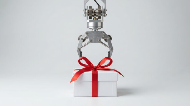 Robotic arm holding gift box with red ribbon symbolizing e commerce retail innovation and automated packaging for modern shopping experience