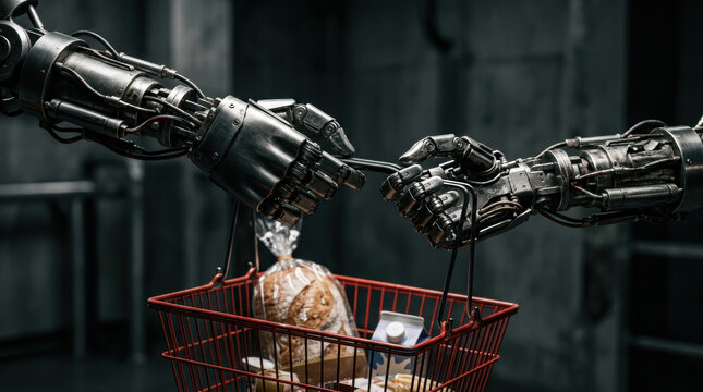 E commerce innovation in retail is symbolized by robotic hands exchanging shopping basket filled with groceries in futuristic setting