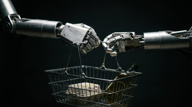 Robotic hands holding shopping basket with bottle and carton symbolizing e commerce retail innovation in futuristic technology and automation