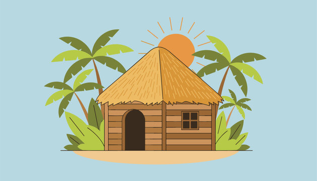 Wooden tropical hut on a sunny beach with palm trees in the background during a bright and peaceful summer day by the ocean.