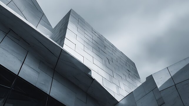 Abstract view of a modern building with metallic cladding against a cloudy sky.