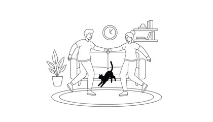 Obraz premium Couple dancing in their living room with a cat playing on the floor creating a happy and cozy home atmosphere in a clean line-art style.