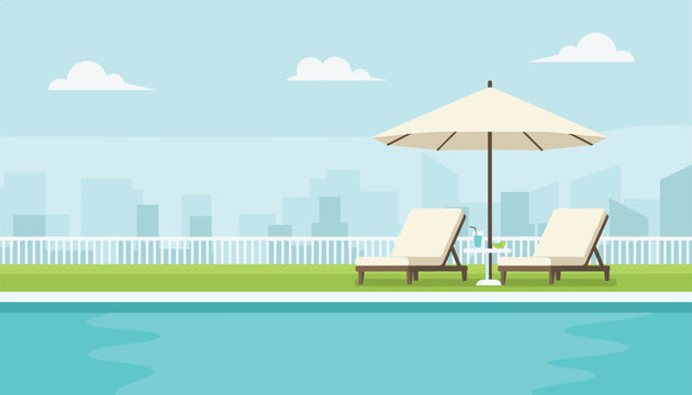 Relaxing swimming pool area with two lounge chairs and an umbrella on a bright summer day overlooking a city skyline in the distance.