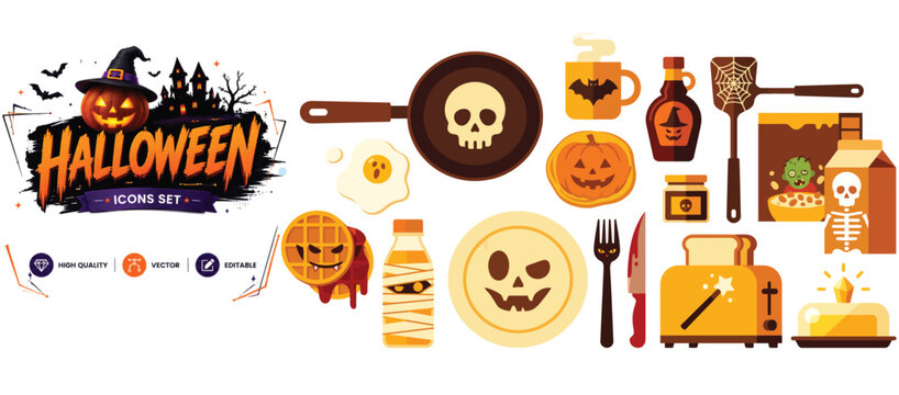 Set of 14 flat icons related to halloween, kitchen - collection of skull pan, pumpkin, bat mug, syrup, spatula, toaster, mummy bottle vector elements