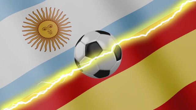 A spinning soccer ball against the background of two waving flags Argentina and Spain with diagonal lightning seamless, 4k loop