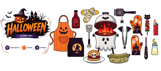 Fototapeta premium Set of 14 flat icons related to halloween, barbecue - collection of apron, grill, spatula, tongs, burger, hot dog, oven mitt, lighter vector elements