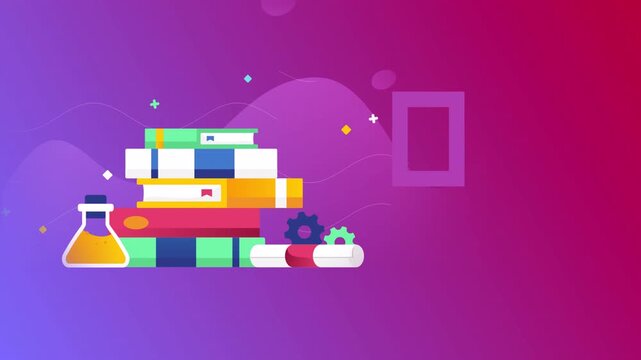 Animated Education Concept Featuring Books And Science Flask Icons.