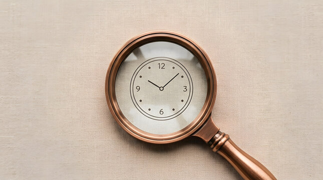 clock through magnifying glass | time management concept | investigating deadlines and schedules | vintage magnifying glass on fabric