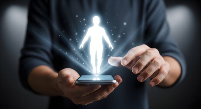 A person interacting with a glowing digital human hologram projected from a smartphone.