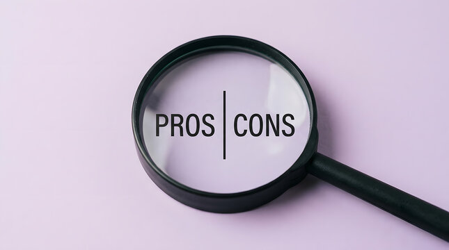 Pros and cons evaluation concept | Analyzing advantages and disadvantages | Business decision making process | Magnifying glass on purple background | Weighing options for success