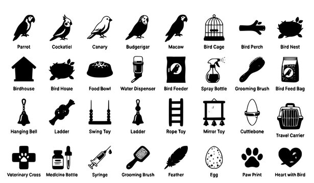 Colorful bird and pet care icon set with parrots cages feeders grooming accessories and veterinary symbols isolated on white background