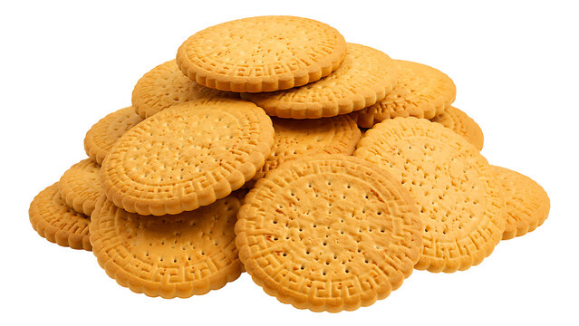 Stack of baked round graham cracker cookies biscuits isolated on a white background