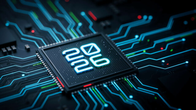 Close up of 2026 computer microchip on electronic motherboard with microchip