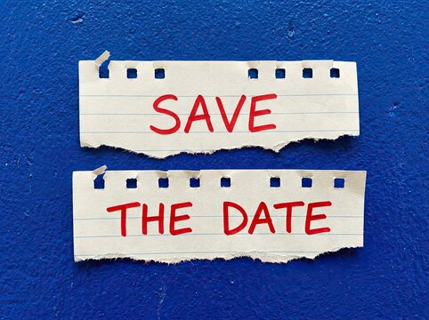 Torn Paper Strips with Red Handwritten "SAVE THE DATE" Text, Reminder, Announcement Concept