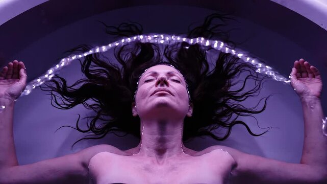 Woman floating motionless on her back in a dark sensory deprivation float tank, faint violet light reflecting on the still water. Float therapy and relaxation concept