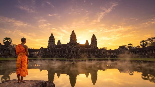 Ancient lotus-tower temple in Cambodia reflected in a still pool at sunrise, a saffron-robed monk standing silently at the water's edge