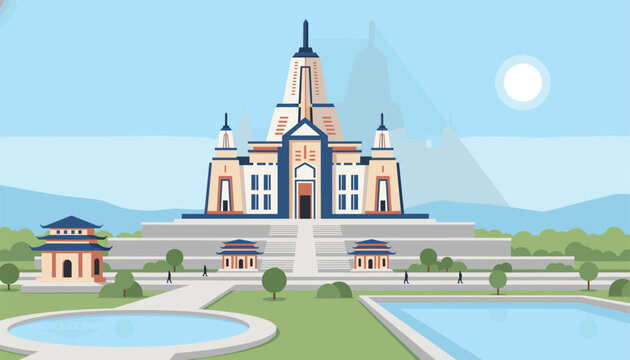 Grand temple architecture with majestic towers and traditional design surrounded by green gardens, trees, and reflective water pools.