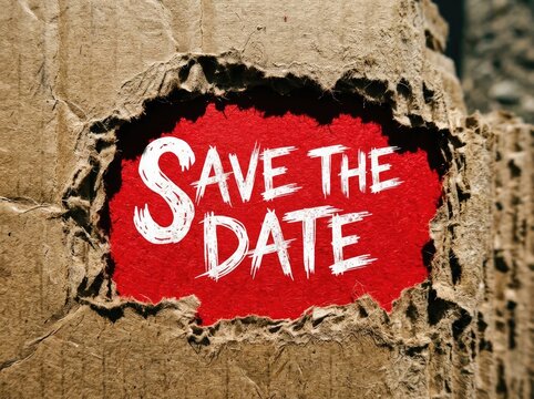 Rough Cardboard Tear Revealing "Save The Date" on Vibrant Red Background, Reminder Concept