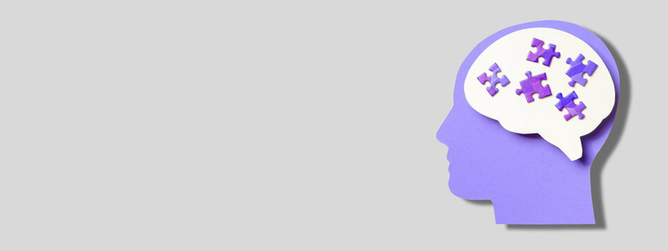 A silhouette of a head with puzzle pieces symbolizing thoughts
