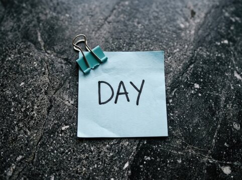 Pale Blue Sticky Note with 'DAY' Handwritten Text, Clipped by Green Binder Clip, on Textured Dark Grey Surface, Reminder Concept