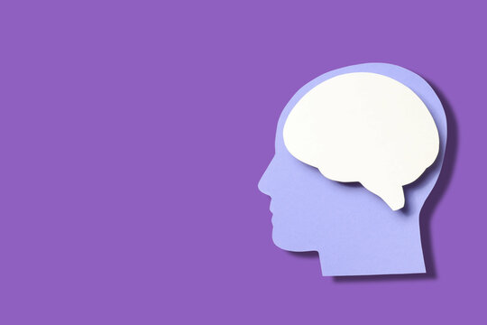 Purple backdrop shows paper cutout of head and brain