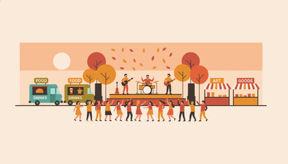 Fototapeta premium Outdoor autumn festival with live music, food trucks, and crowds enjoying a vibrant community celebration under colorful falling leaves.