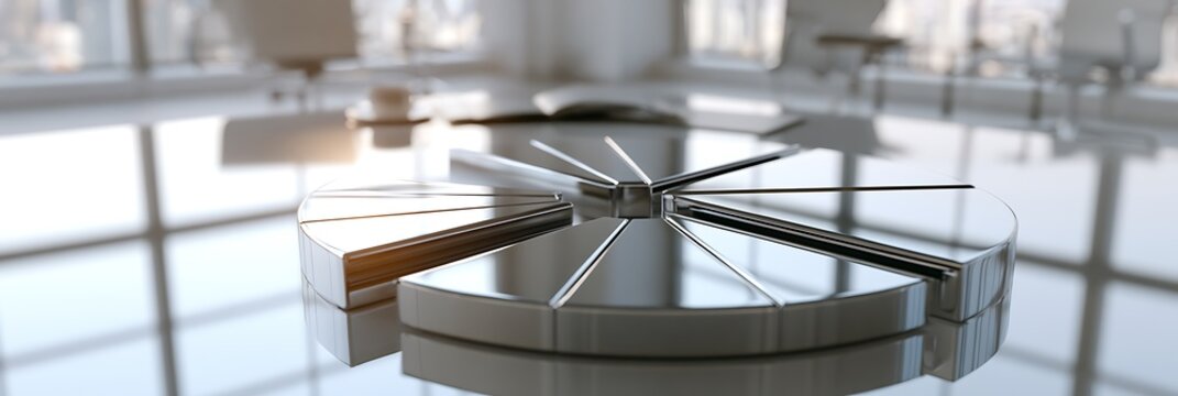 Pie chart made of polished metal segments sits on a reflective conference table in an empty office space to illustrate financial market trends, corporate performance, and professional data analysis.