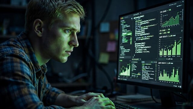 Focused programmer analyzing data on multiple computer screens at night