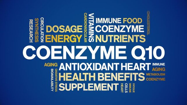 Coenzyme Q10 animated word cloud-CoQ10 text design animation tag kinetic typography seamless loop.