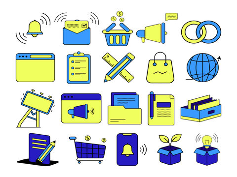Ecommerce and Marketing Tools Colored Elements Illustration Set