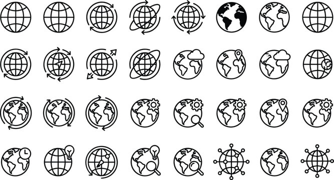 Globes with different icons for technology and global connections in a clean line style