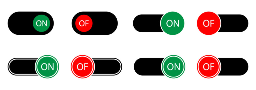 Toggle switch button icon set. Toggle, switch, button, on and off controls for user interface, mobile apps, websites, software, dashboards, settings panels, smart devices and digital system navigation