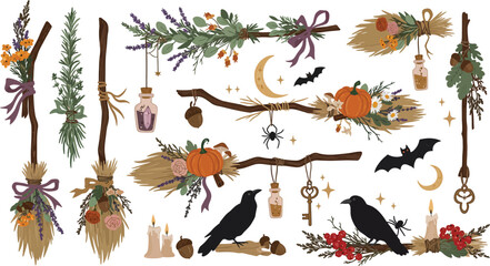 Obraz premium Set of magical witch brooms with autumn flowers dried herbs ravens bats and mystical items isolated on a white background for design