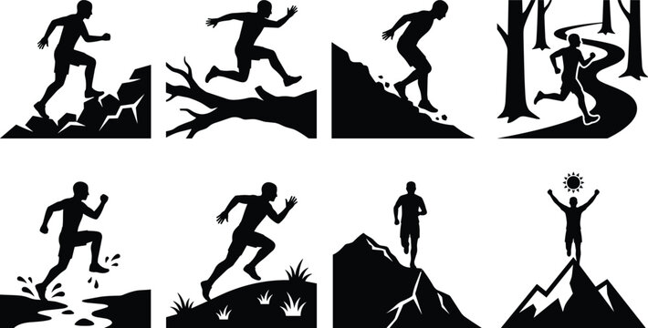 Trail Running Silhouette Collection with Mountain Hiking Jumping and Outdoor Fitness Vector Set