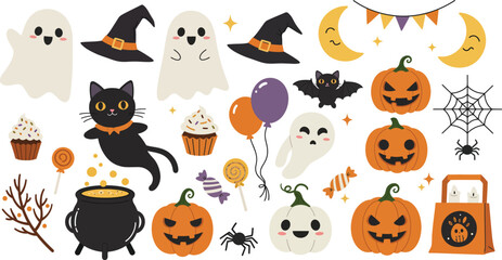 Obraz premium Set of cute hand drawn halloween elements including pumpkins ghosts black cat witch hat bat spider web and festive holiday decorations