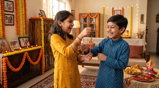 A young girl in a yellow kurta ties a decorative rakhi thread on her brother's wrist during the raksha bandhan festival, with festive marigold garlands and indian home decor in the background
