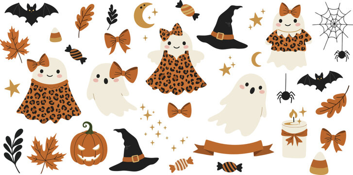 Set of cute halloween elements featuring ghosts wearing leopard print outfits witch hats pumpkins bats autumn leaves and bows on white background