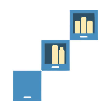 Blue shelves with yellow objects