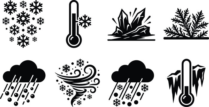 Winter Weather Vector Icon Collection Featuring Snowflakes, Frost, and Cold Elements
