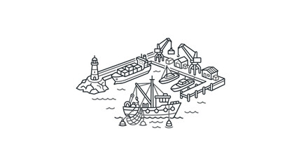 Industrial Isometric of a Busy Port with Ships Cranes Lighthouse and Warehouses in Black and White © murtiyem
