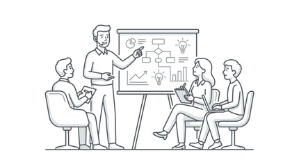 Fototapeta premium Modern Black and White Line Drawing Business Team Meeting with Presentation and Digital Notes with high quality professional line art symbols for modern creative design and digital branding projects