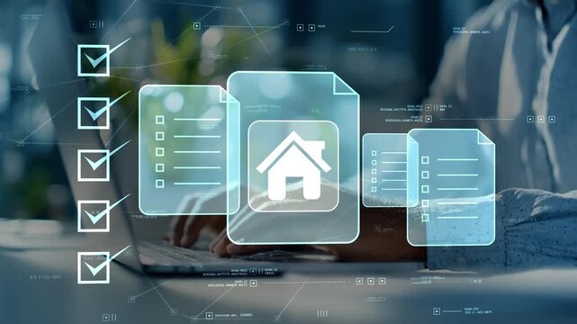 Businessman managing digital home buying documents with house icon, property purchase checklist, secure paperwork, contract review and real estate transaction process