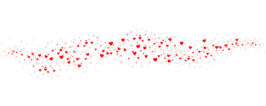 red heart confetti wave. scattered love hearts border. flowing romantic decoration for valentine design. delicate floating hearts on transparent background
