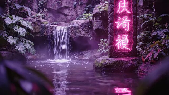 Neon pink Chinese sign illuminates a dark tropical garden and waterfall at night